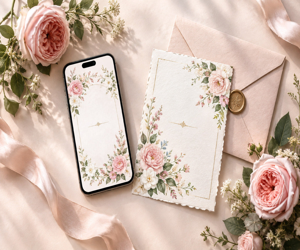  Phone displaying a floral digital invitation beside a matching printed card, envelope, wax seal, and roses on a blush tabletop.