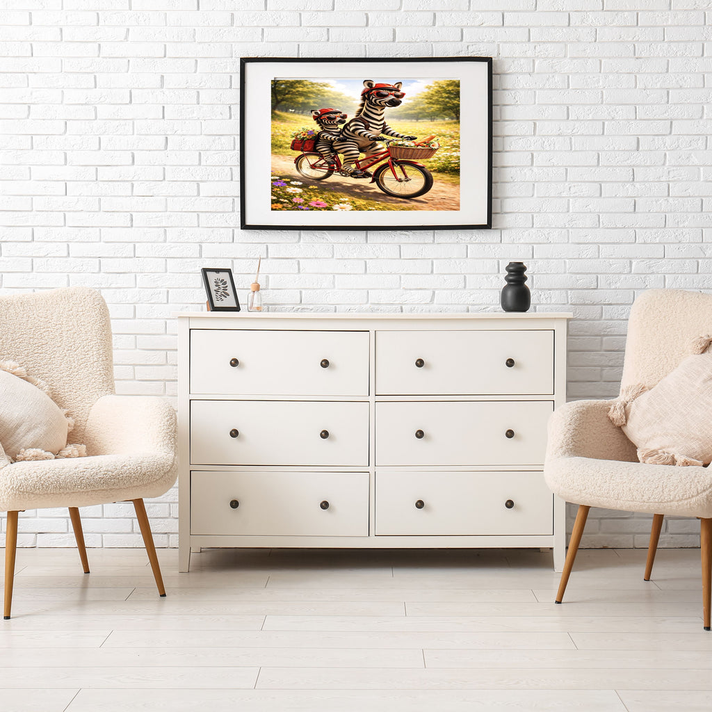 Zebra Mother and Foal Bicycle Adventure Wall Art Printable, Cute Zebra Red Helmet Sunglasses Wildflower Meadow Bike Ride Kids Nursery Poster, Safari Animal Cycling Home Decor Print, Digital Download, 300 DPI
