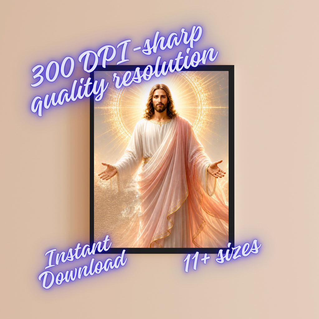 Jesus Light of the World Wall Art Printable | Smiling Direct Gaze Sunburst Cross Halo Print | Peach Mantle Gold Trim Divine Mercy Sacred Heart Decor