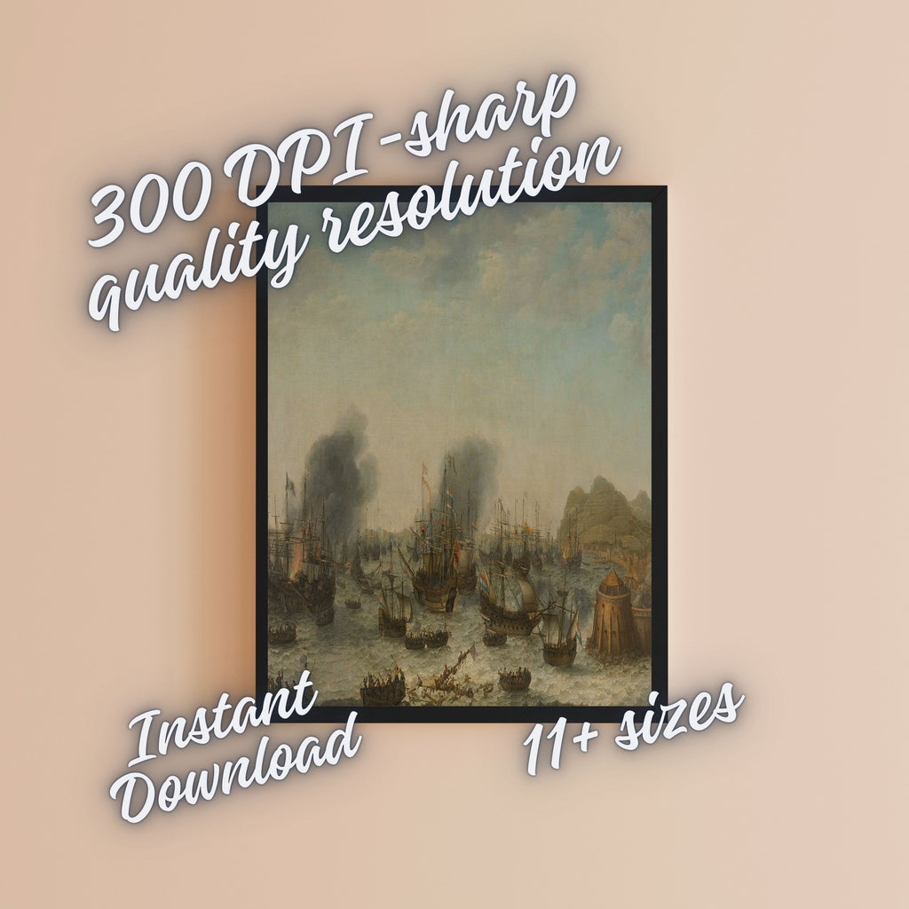 Historic Harbor Wall Art Printable, Misty Sailing Ships and Coastal Tower