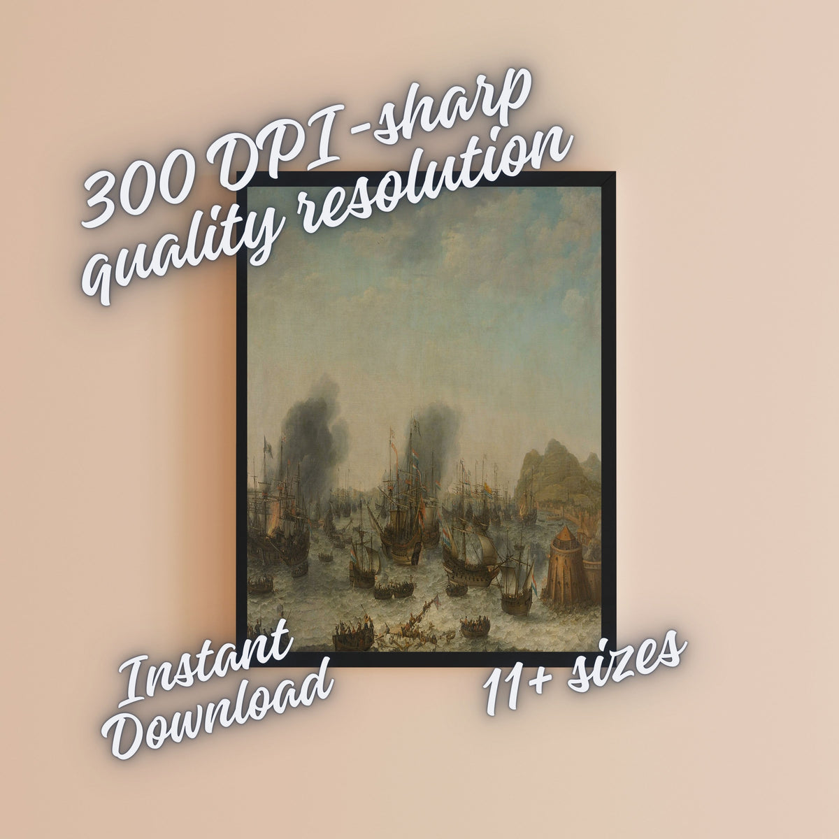 Historic Harbor Wall Art Printable, Misty Sailing Ships and Coastal Tower