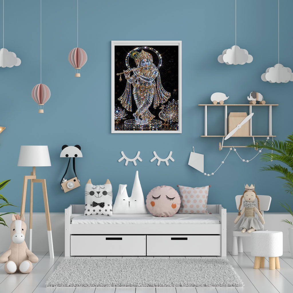 Lord Krishna Crystal Wall Art Printable | Diamond Crystal Sculpture Bansuri Flute Peacock Feather Crown Crystal Halo Crystal Peacock Lotus Black Background Luxury | Hindu Spiritual Decor Gift