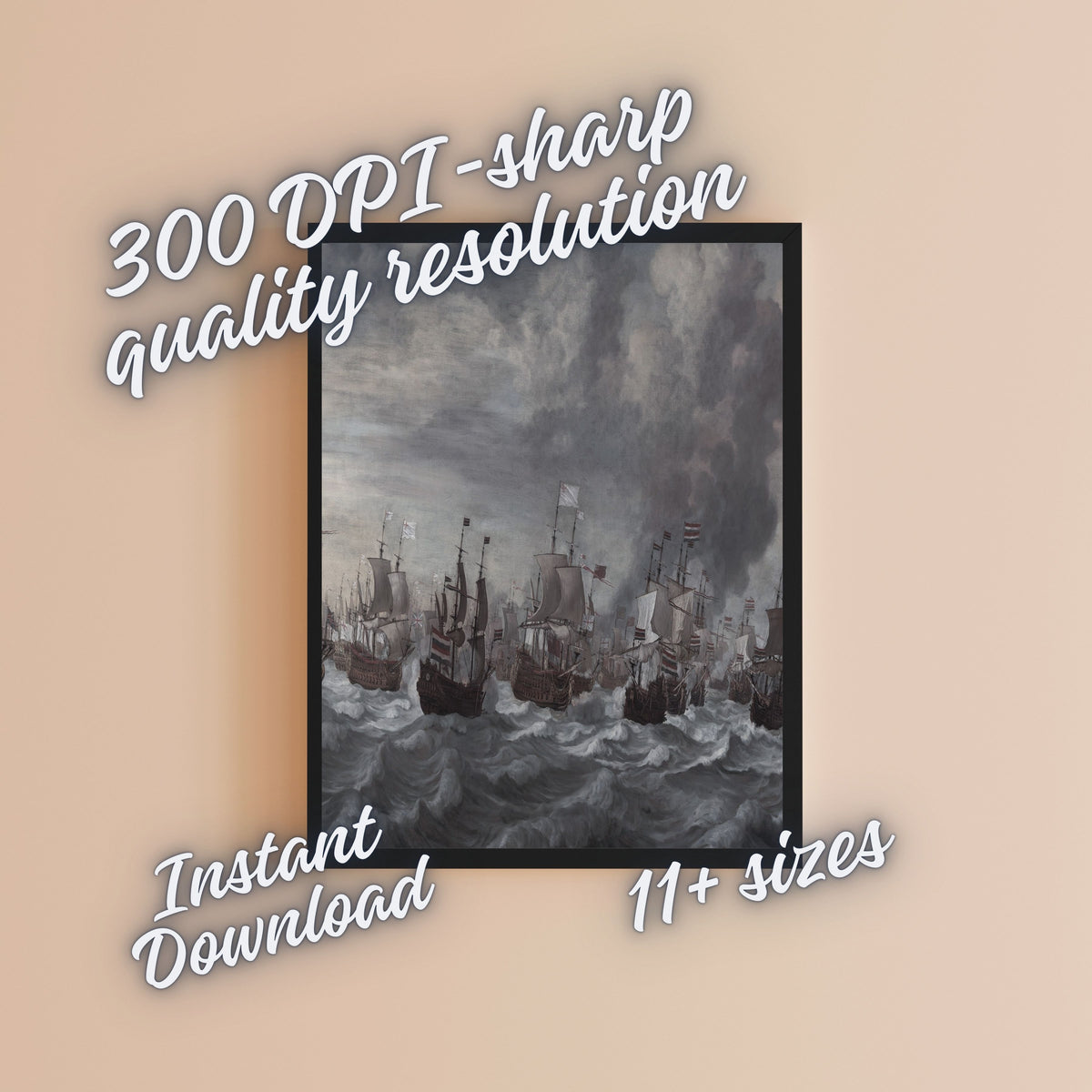 Stormy Historic Sailing Ships Wall Art Printable, Vintage Maritime Fleet at Sea