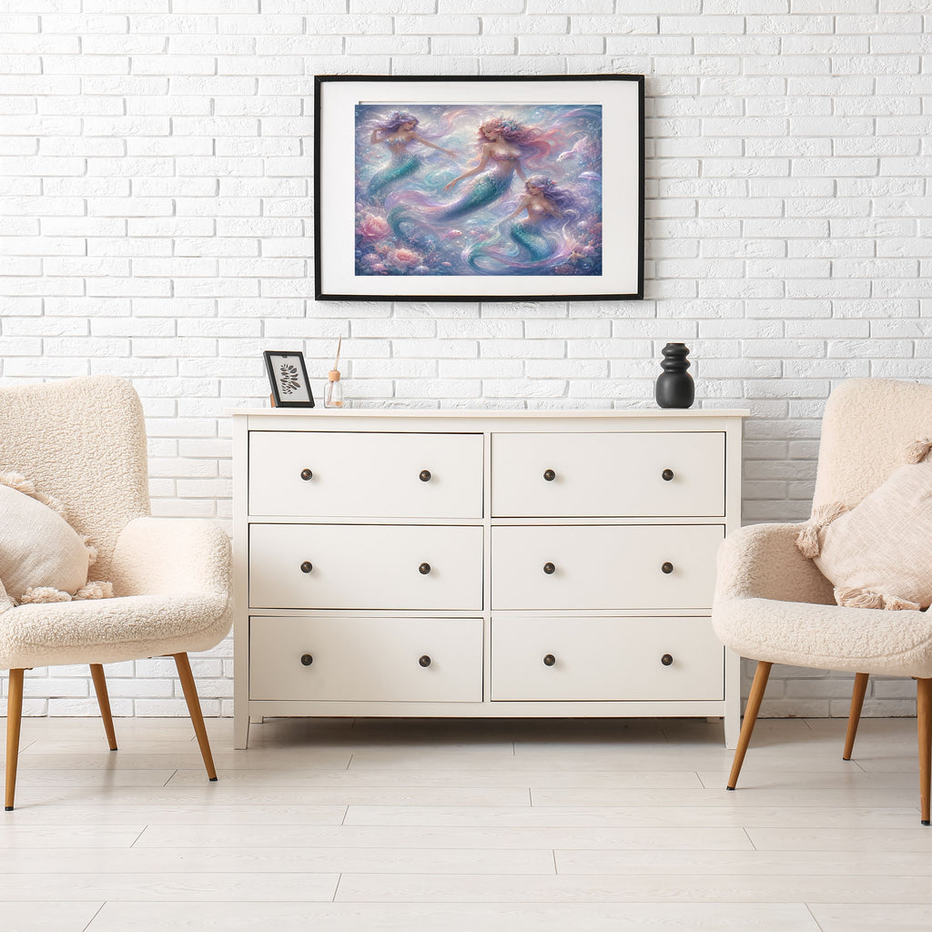 Dreamy Pastel Mermaid Wall Art Printable, Ethereal Mermaid Trio Girls Nursery Poster, Ocean Fantasy Bedroom Print, Instant Digital Download, 300 DPI