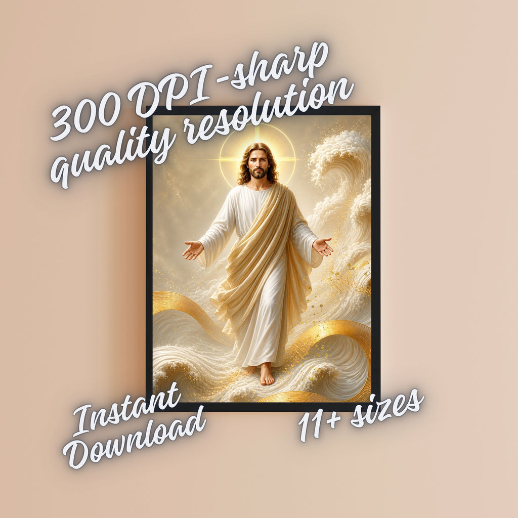 Jesus Walking on Water Wall Art Printable | Lord of the Storm Peace Be Still Cream Gold Waves Print | Circular Cross Halo Ocean Faith Christian Decor