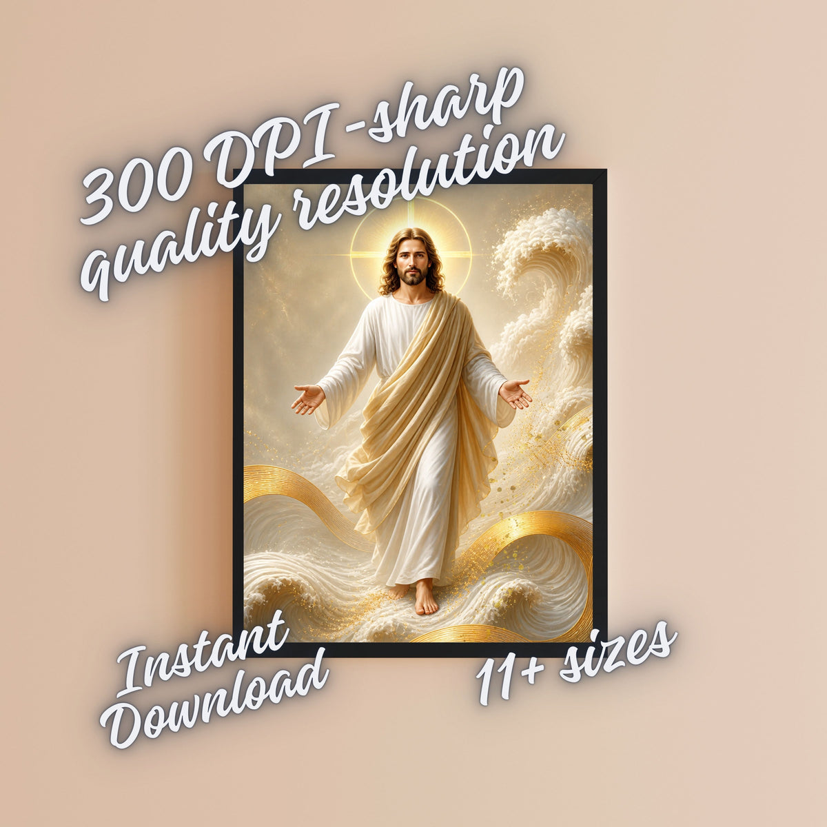 Jesus Walking on Water Wall Art Printable | Lord of the Storm Peace Be Still Cream Gold Waves Print | Circular Cross Halo Ocean Faith Christian Decor