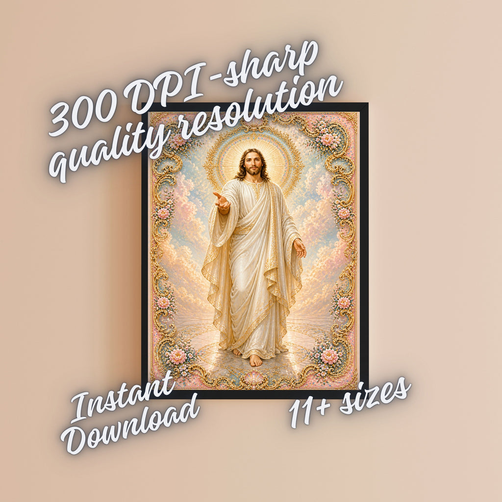 Jesus Walking Toward You Wall Art Printable | Full Body Approaching Portrait Baroque Gold Floral Frame Peach Cloud Sky Reflective Floor | Christian Faith Come Follow Me Decor