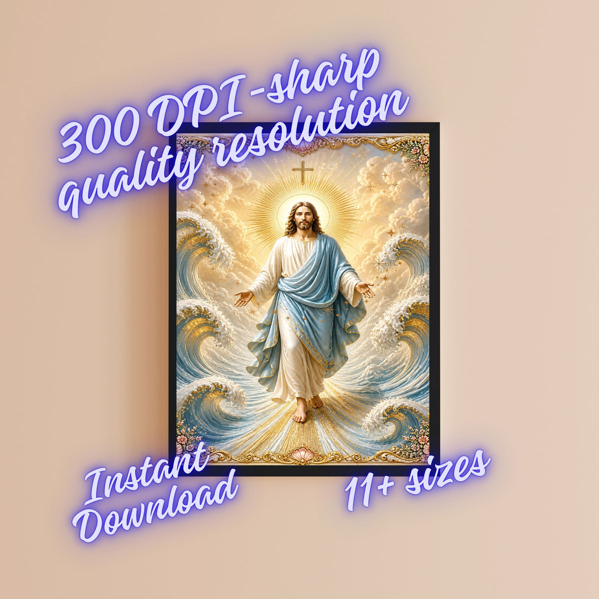 Jesus Lord of the Waves Wall Art Printable | Sky-Blue Mantle Parting Ocean Baroque Gold Border Seashell Frame Print | Sovereign over Storms Christian Coastal Faith Decor