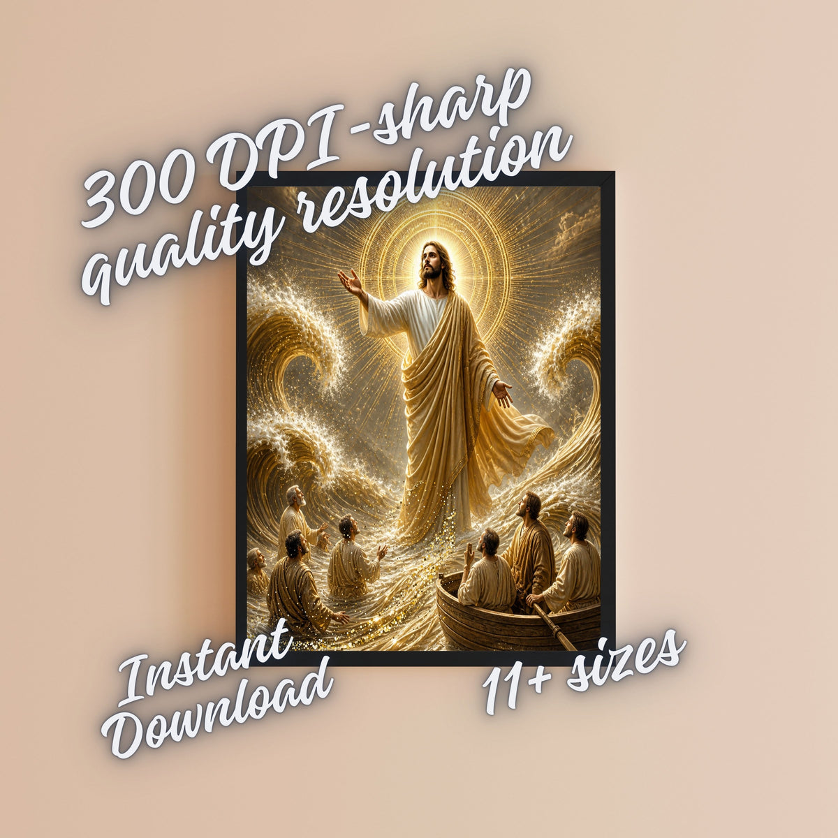 Jesus Calms the Storm Wall Art Printable | Peace Be Still Disciples Boat Sea of Galilee Gold Sunburst Halo Print | Christian Storm Miracle Faith Decor Gift