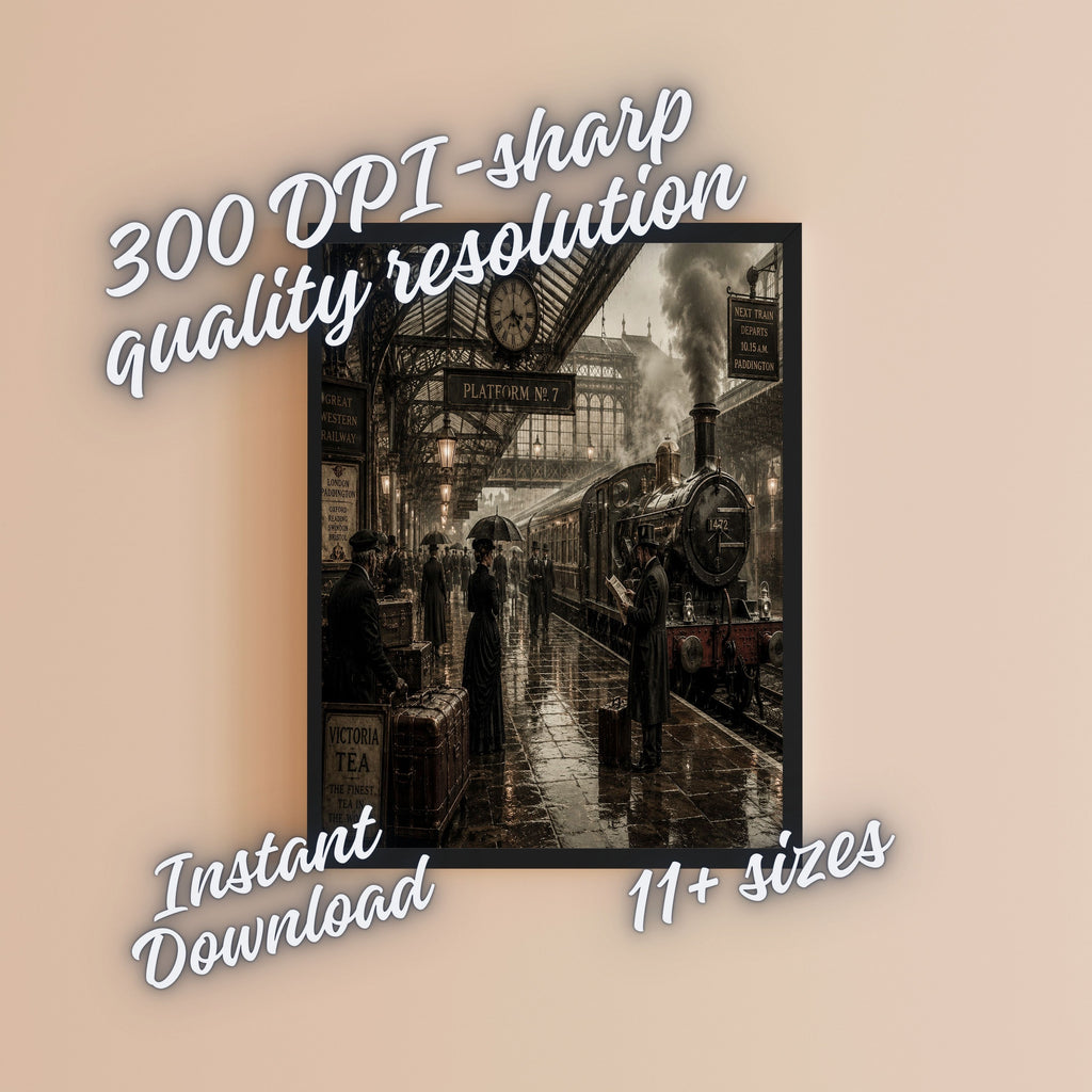 Victorian Steam Train Station Wall Art for Commercial Use, Rainy Railway Scene for Etsy and POD