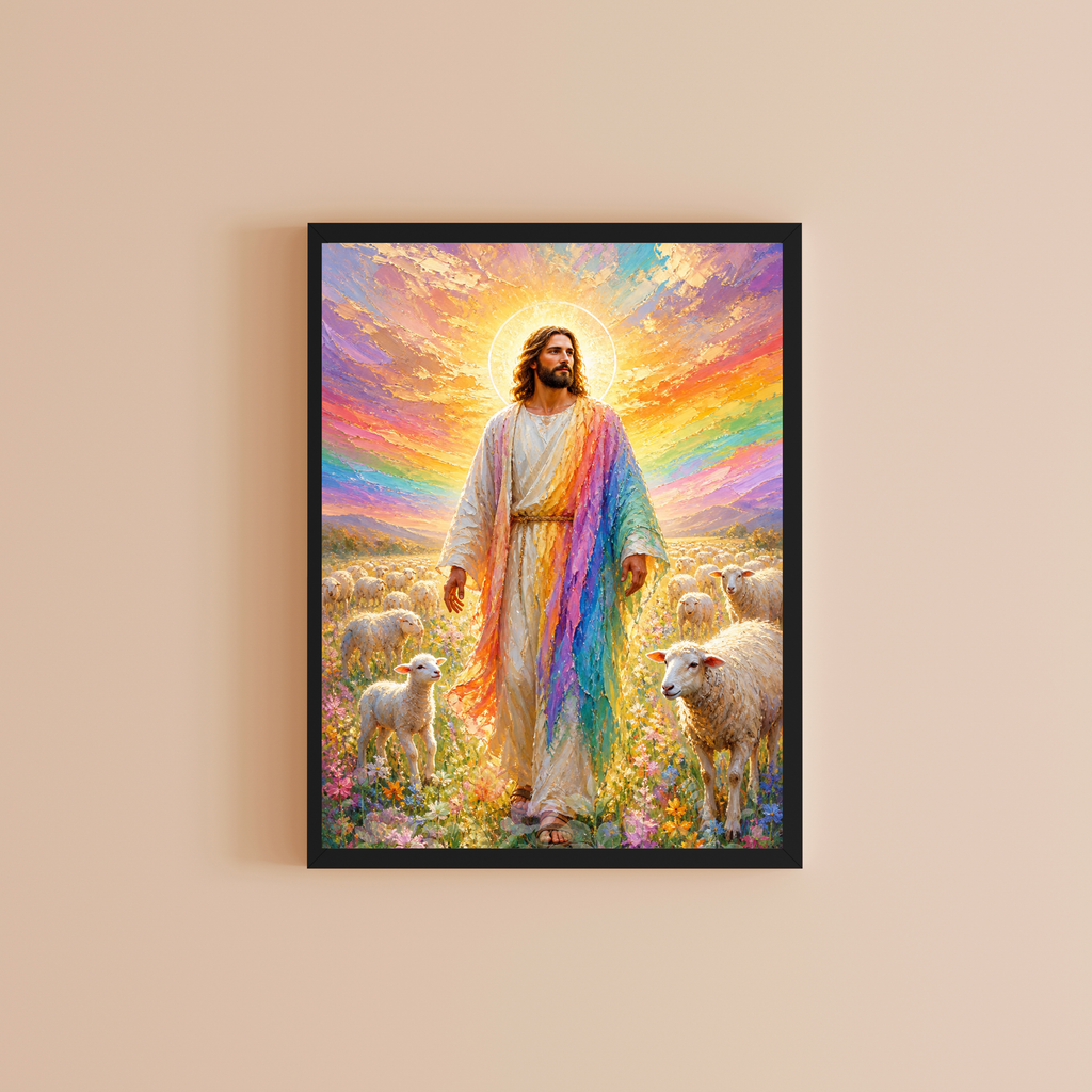 Jesus Good Shepherd Wall Art Printable | Rainbow Sky Christian Nursery Decor | Bible Story Print | Faith Wall Art | Instant Download