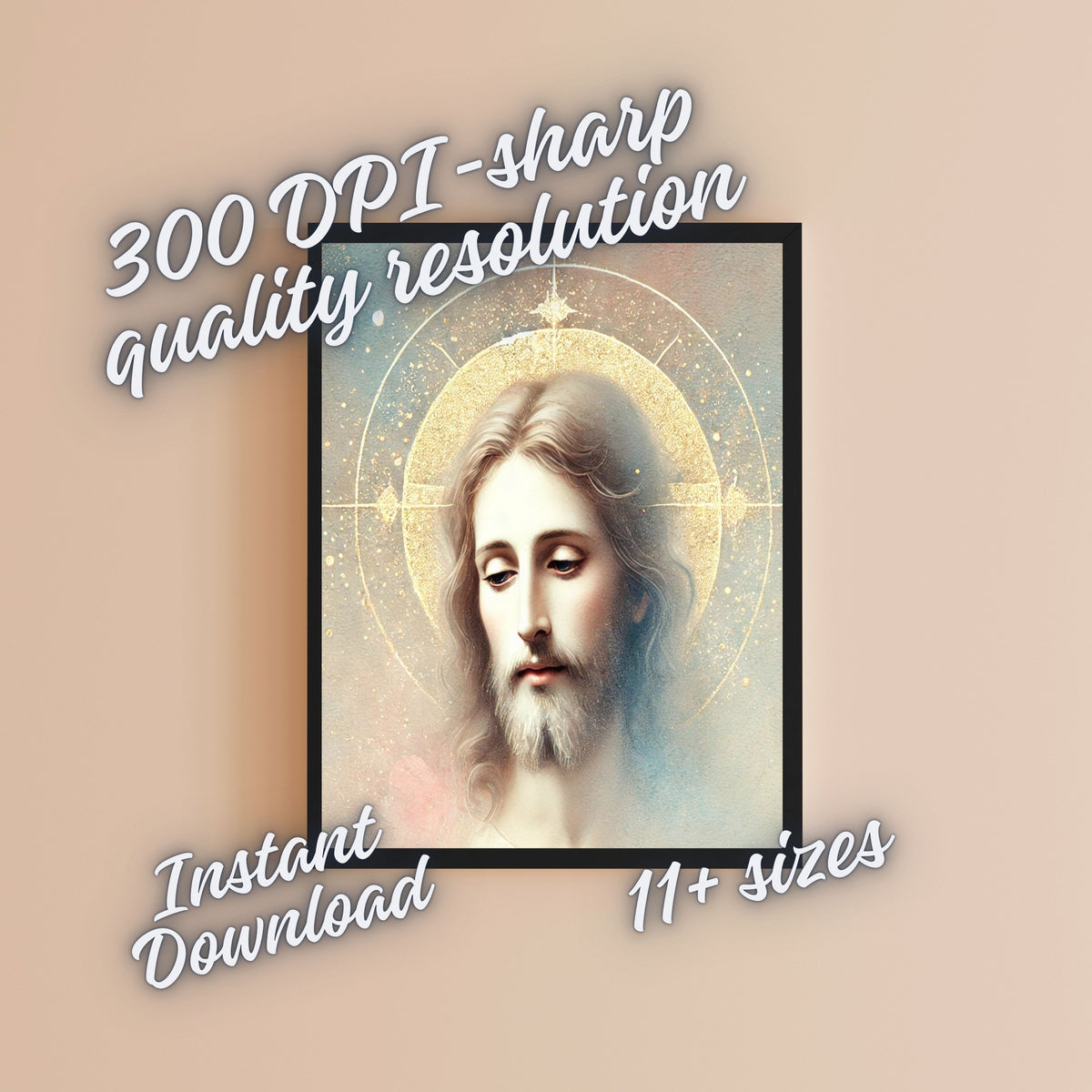 Jesus Face Portrait Wall Art Printable | Close Up Contemplative Jesus Pastel Watercolour Gold Oval Halo Four-Point Star | Christian Peaceful Face Devotional Decor Gift