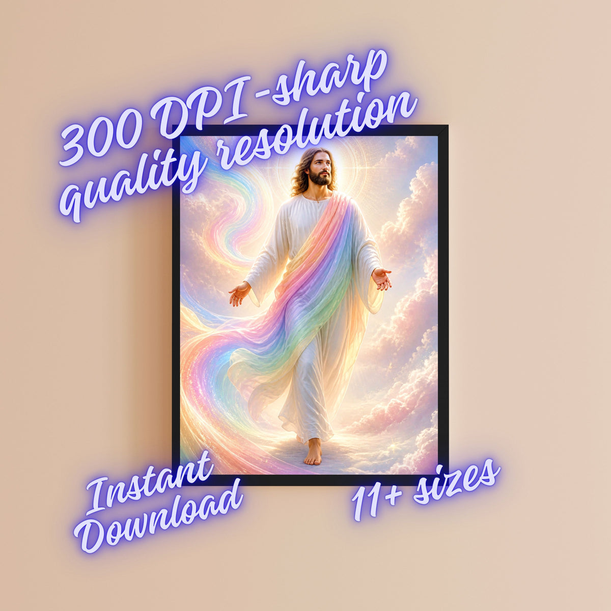 Jesus Rainbow Covenant Wall Art Printable | Iridescent Rainbow Mantle Pastel Cloud Upward Gaze Print | Hope Promise Dreamy Nursery Christian Decor