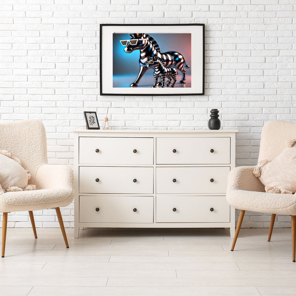 Chrome Metallic Zebra Mother and Foal Wall Art Printable, Futuristic 3D Zebra Sculpture Sunglasses Neon Studio Glow Kids Nursery Poster, Modern Luxury Safari Animal Home Decor Print, Digital Download, 300 DPI