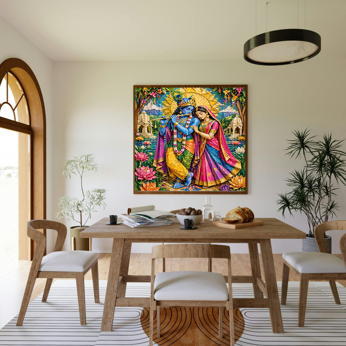 Paper Craft Radha Krishna Wall Art Printable | Colourful Quilling Folk Art Couple Bansuri Lotus Temple Sunburst Halo | Vibrant Hindu Love Spiritual Decor Gift