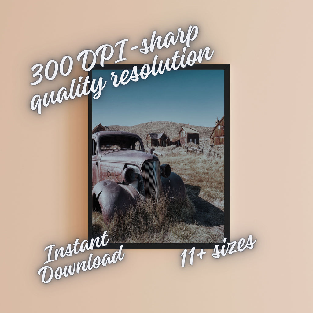 Vintage Pickup Truck Wall Art Printable, Old Western Mountain Town Scene