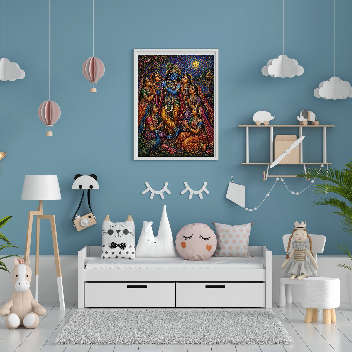 Krishna Gopis Wall Art Printable | Raas Lila Bead Mosaic Bansuri Flute Five Devotees Peacock Lotus Temple Swirling Sun Vrindavan | Hindu Spiritual Decor Devotional Gift