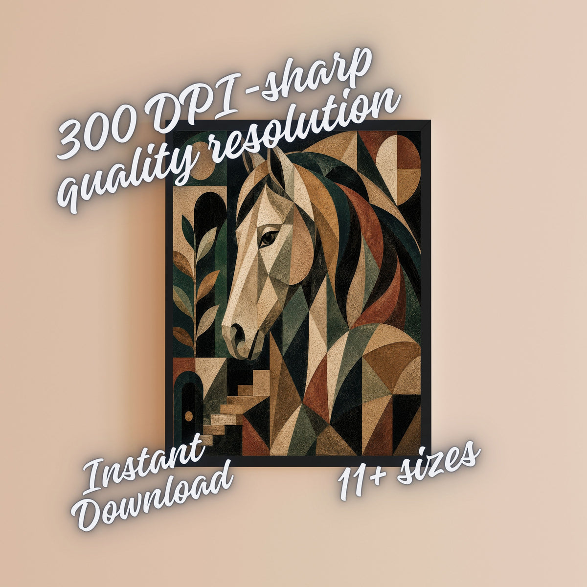 Art Deco Geometric Horse Wall Art Bundle, Commercial Use Ivory Green Mosaic Equestrian Portrait, Luxury Horse Lover POD Print, Digital Download, 300 DPI