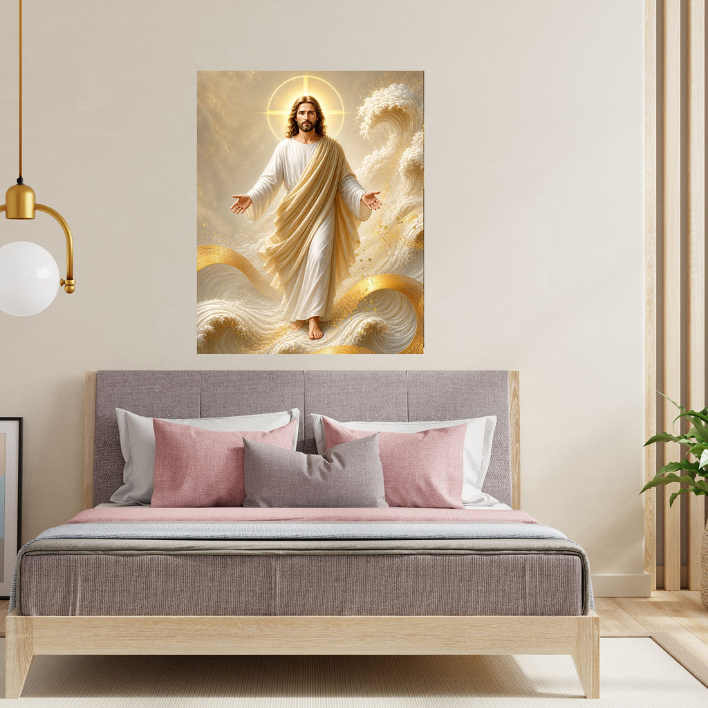 Jesus Walking on Water Wall Art Printable | Lord of the Storm Peace Be Still Cream Gold Waves Print | Circular Cross Halo Ocean Faith Christian Decor