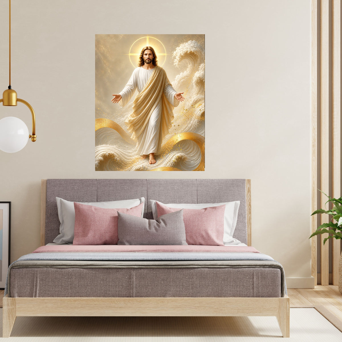 Jesus Walking on Water Wall Art Printable | Lord of the Storm Peace Be Still Cream Gold Waves Print | Circular Cross Halo Ocean Faith Christian Decor