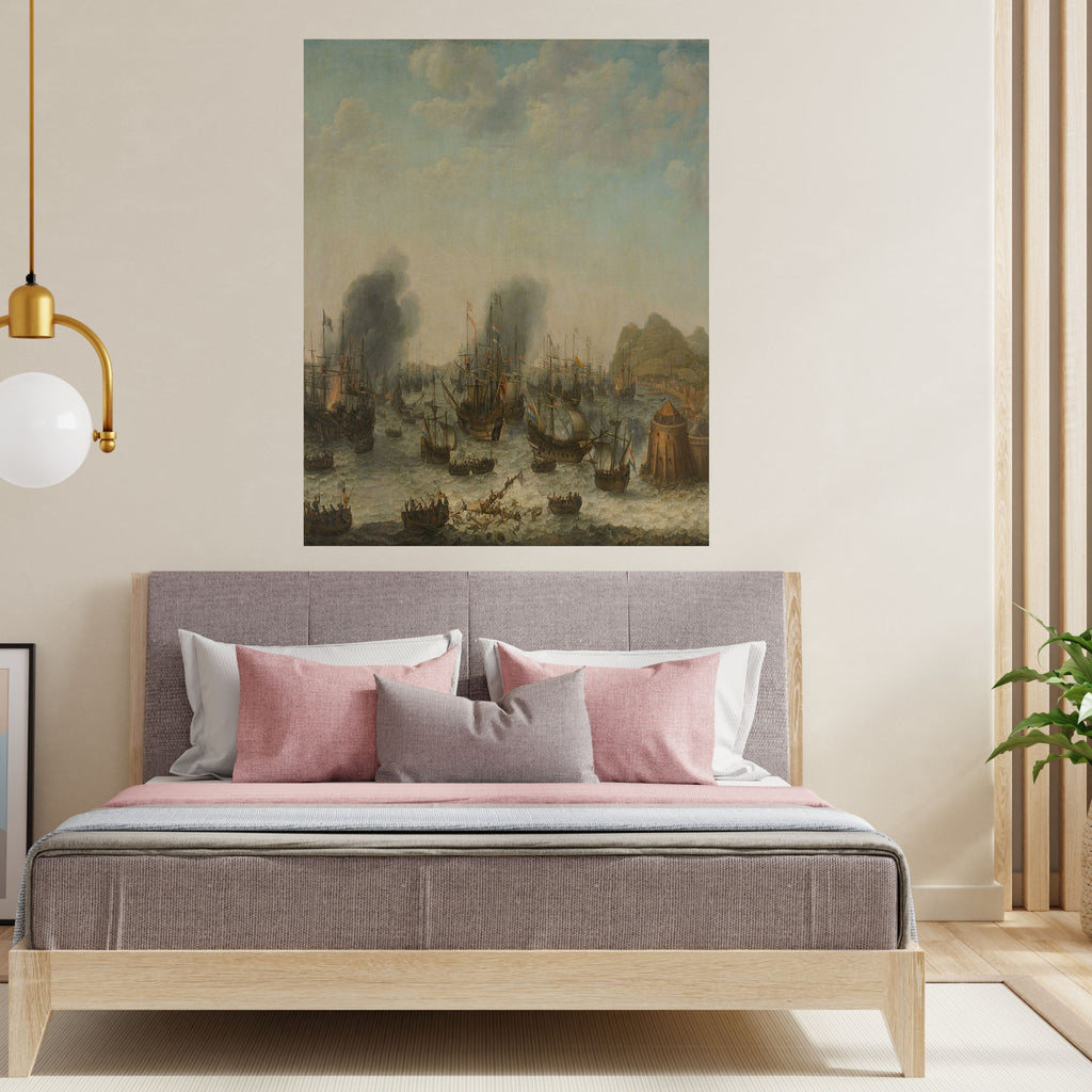 Historic Harbor Wall Art Printable, Misty Sailing Ships and Coastal Tower