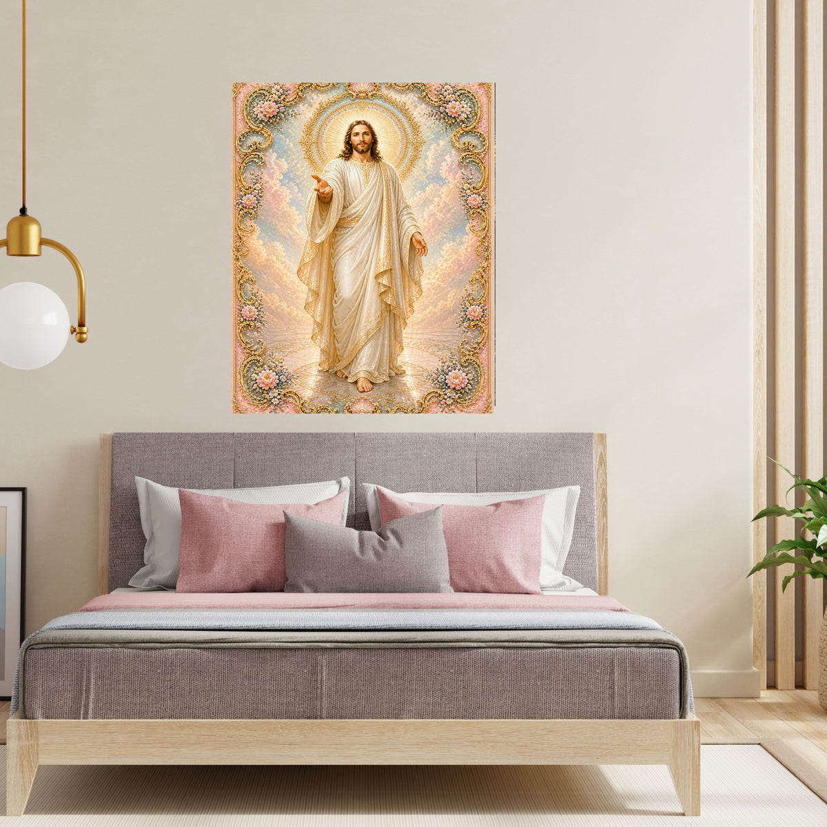 Jesus Walking Toward You Wall Art Printable | Full Body Approaching Portrait Baroque Gold Floral Frame Peach Cloud Sky Reflective Floor | Christian Faith Come Follow Me Decor