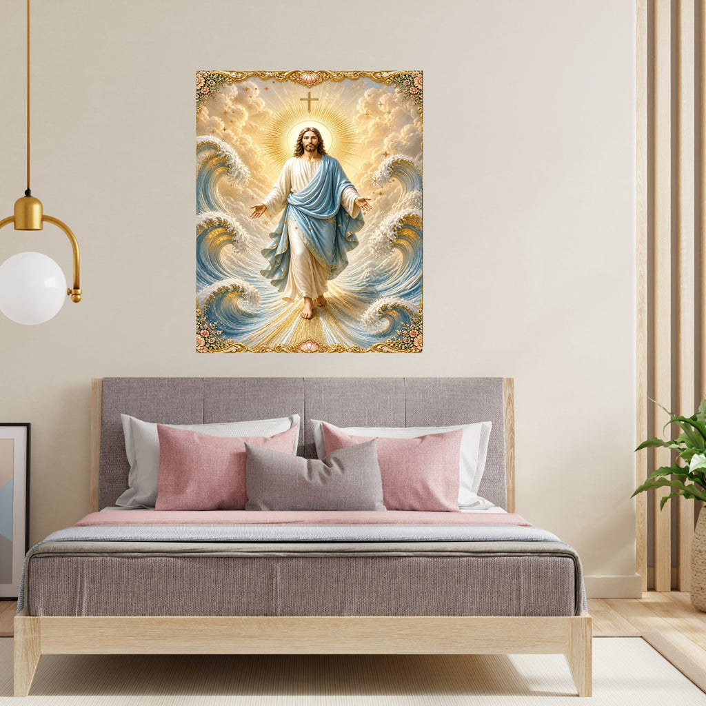 Jesus Lord of the Waves Wall Art Printable | Sky-Blue Mantle Parting Ocean Baroque Gold Border Seashell Frame Print | Sovereign over Storms Christian Coastal Faith Decor
