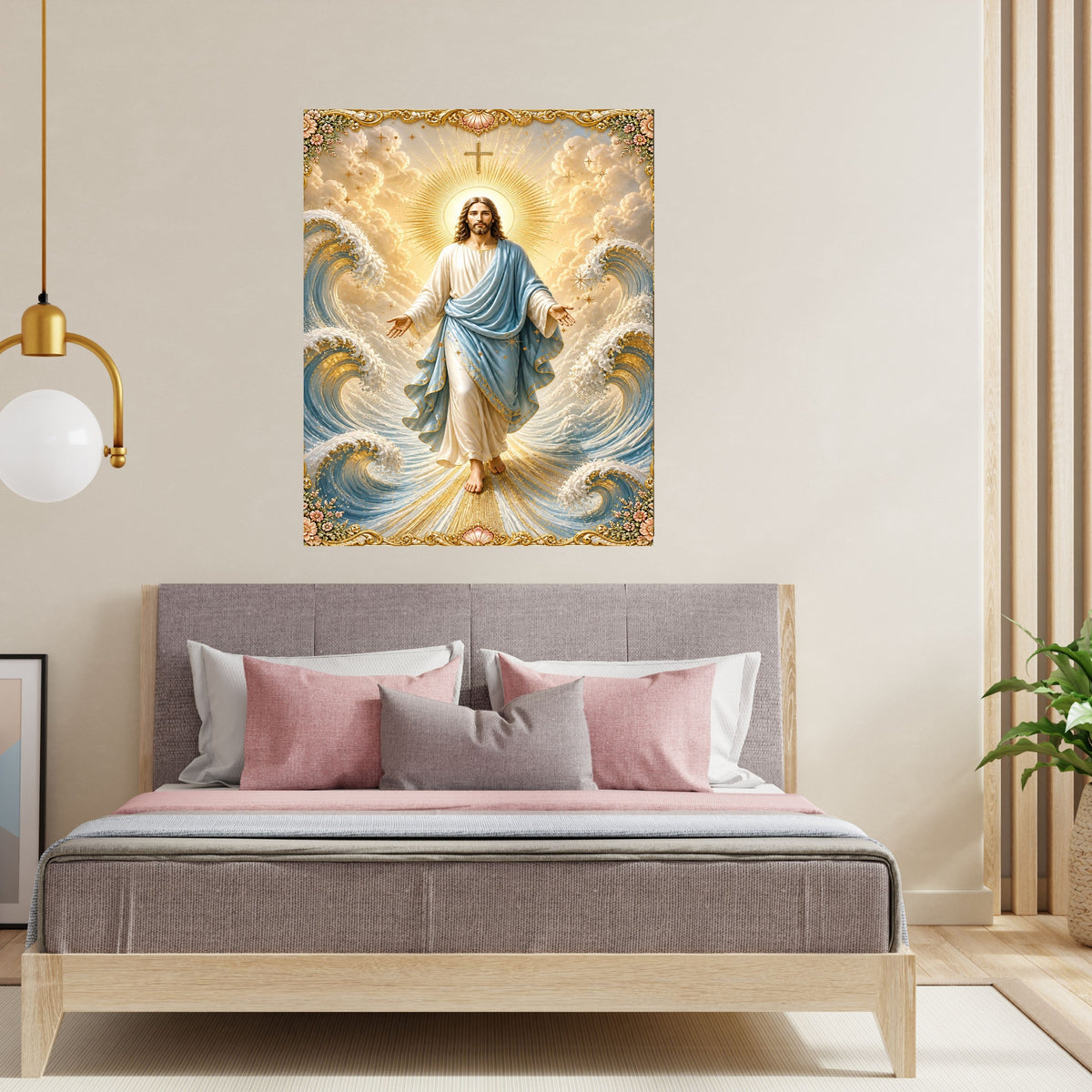 Jesus Lord of the Waves Wall Art Printable | Sky-Blue Mantle Parting Ocean Baroque Gold Border Seashell Frame Print | Sovereign over Storms Christian Coastal Faith Decor