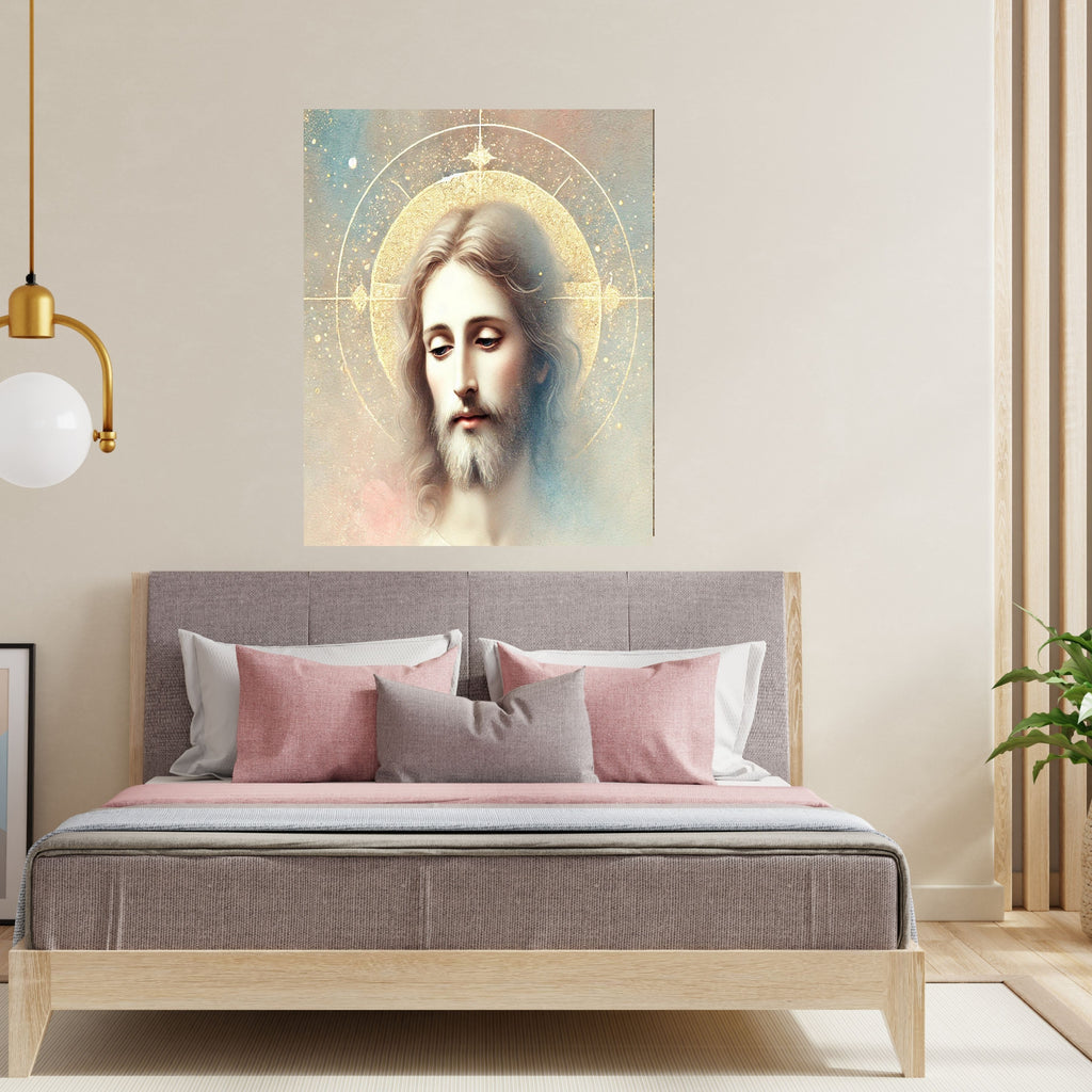 Jesus Face Portrait Wall Art Printable | Close Up Contemplative Jesus Pastel Watercolour Gold Oval Halo Four-Point Star | Christian Peaceful Face Devotional Decor Gift