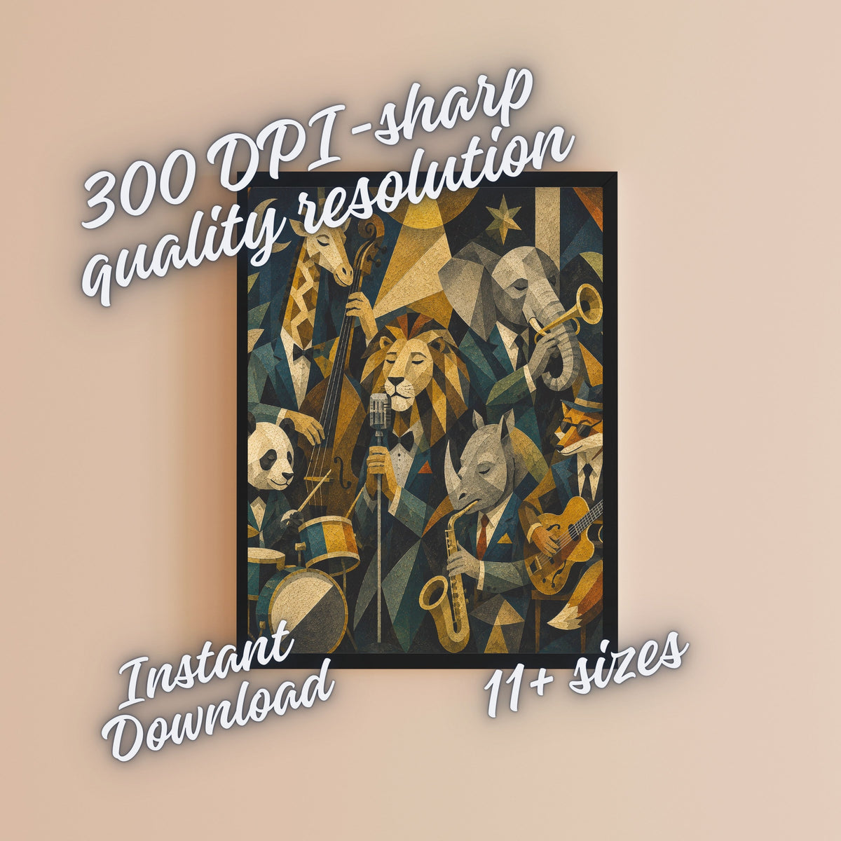 Art Deco Animal Jazz Band Wall Art Bundle, Commercial Use Lion Giraffe Elephant Panda Rhino Fox Musicians, Gold Navy Music Lover POD Print, Digital Download, 300 DPI