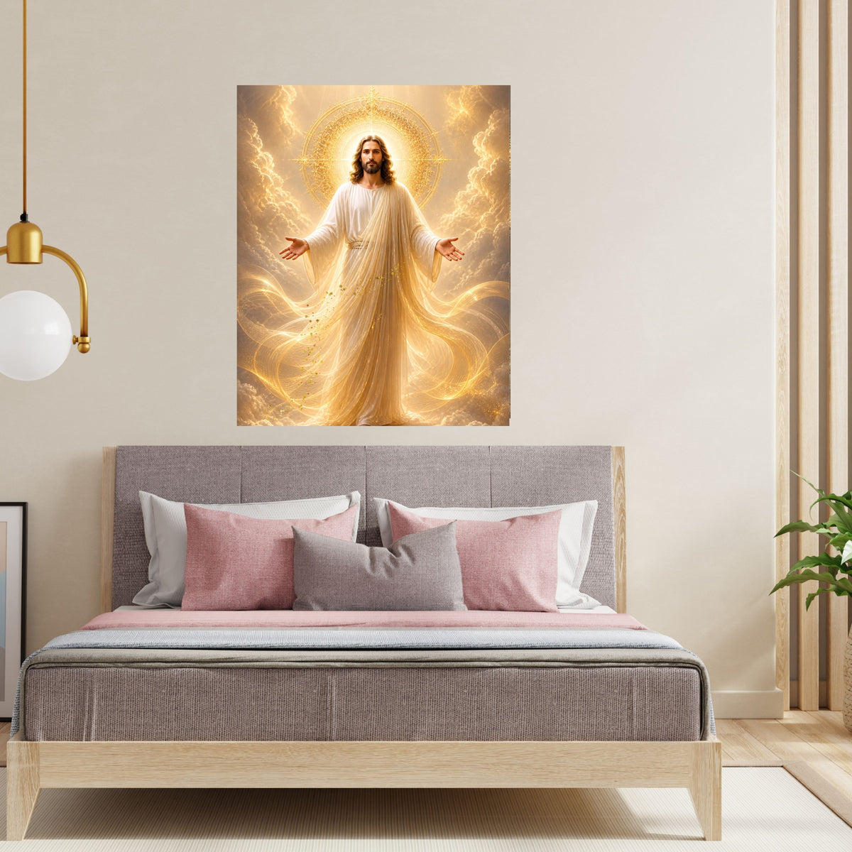 Jesus King of Glory Wall Art Printable | Heavenly Throne Room Ascended Christ Filigree Crown Halo Print | Gold Veil Mantle Blessing Hands Royal Heaven Decor