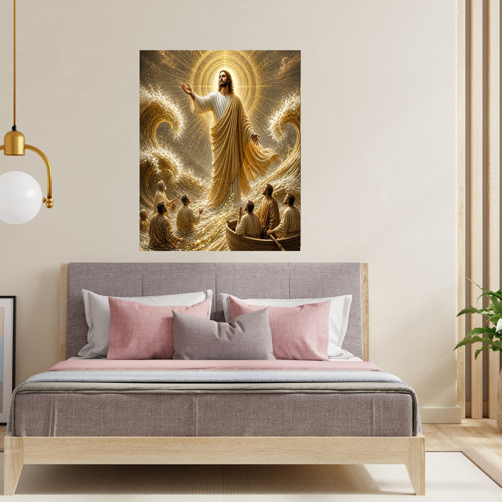 Jesus Calms the Storm Wall Art Printable | Peace Be Still Disciples Boat Sea of Galilee Gold Sunburst Halo Print | Christian Storm Miracle Faith Decor Gift