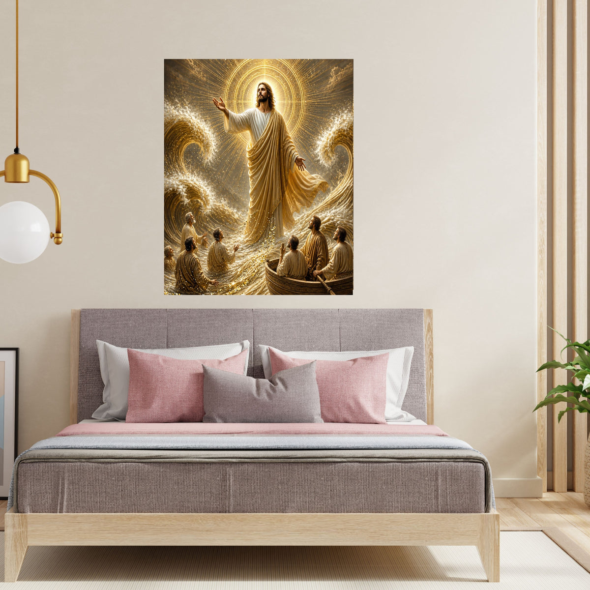 Jesus Calms the Storm Wall Art Printable | Peace Be Still Disciples Boat Sea of Galilee Gold Sunburst Halo Print | Christian Storm Miracle Faith Decor Gift
