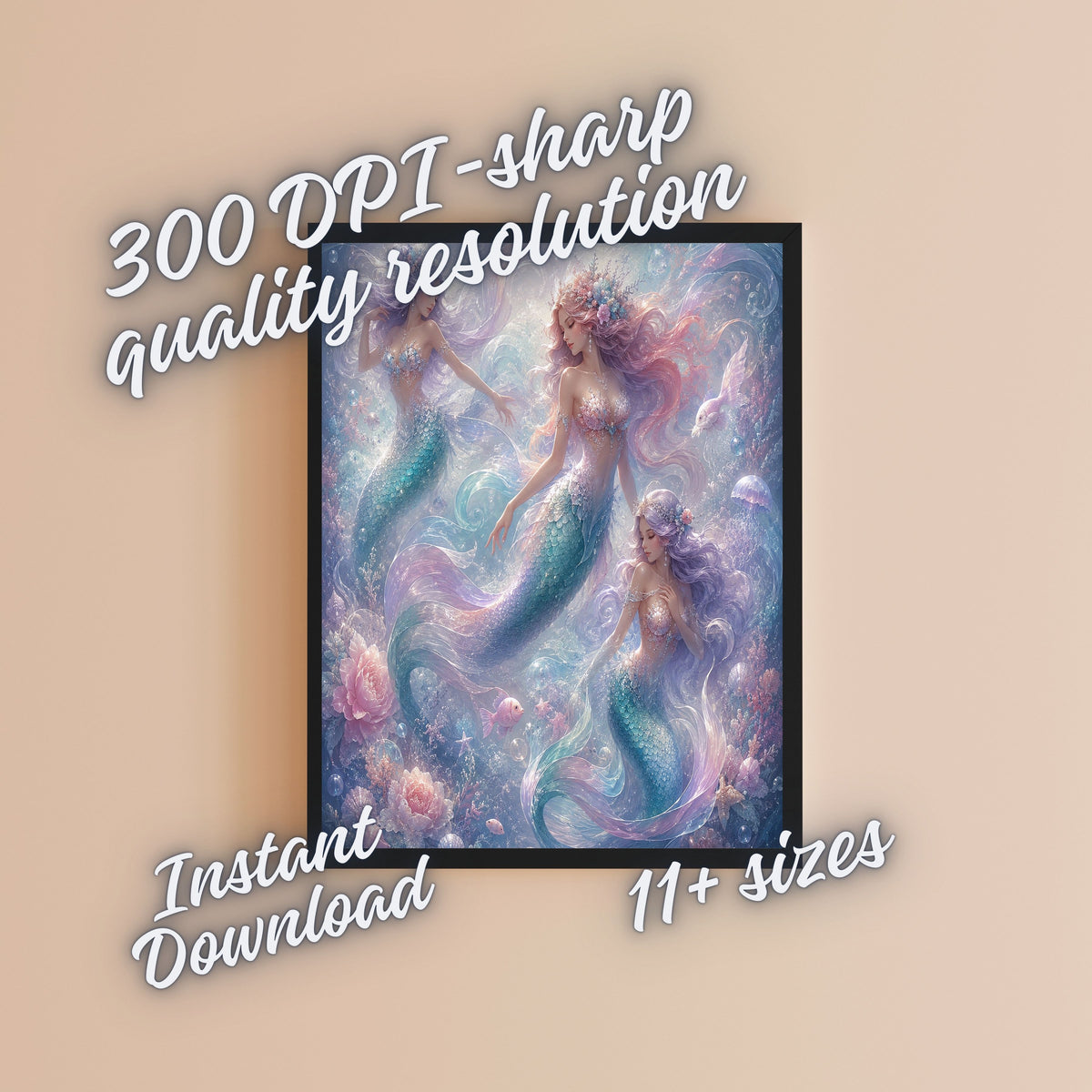 Dreamy Pastel Mermaid Wall Art Printable, Ethereal Mermaid Trio Girls Nursery Poster, Ocean Fantasy Bedroom Print, Instant Digital Download, 300 DPI