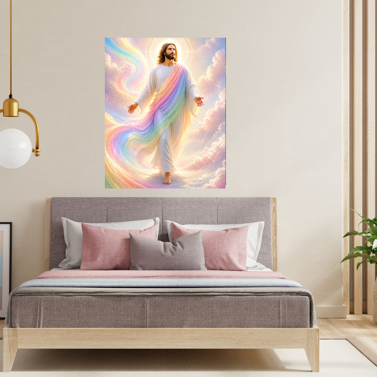 Jesus Rainbow Covenant Wall Art Printable | Iridescent Rainbow Mantle Pastel Cloud Upward Gaze Print | Hope Promise Dreamy Nursery Christian Decor