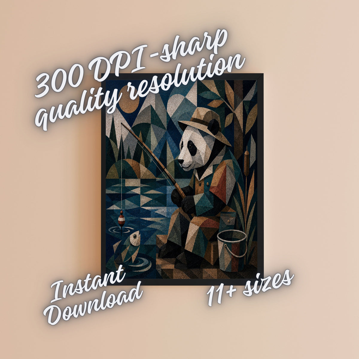 Art Deco Panda Fisherman Wall Art Bundle, Commercial Use Whimsical Nocturnal Panda Fishing by Moonlight, Quirky Animal POD Print, Digital Download, 300 DPI