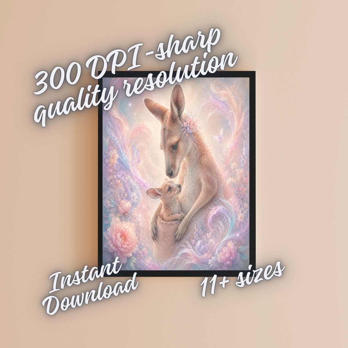 Dreamy Pastel Kangaroo Wall Art Bundle, Commercial Use Mother and Joey Nursery Poster, Australian Animal Floral Print, POD Ready, Digital Download, 300 DPI