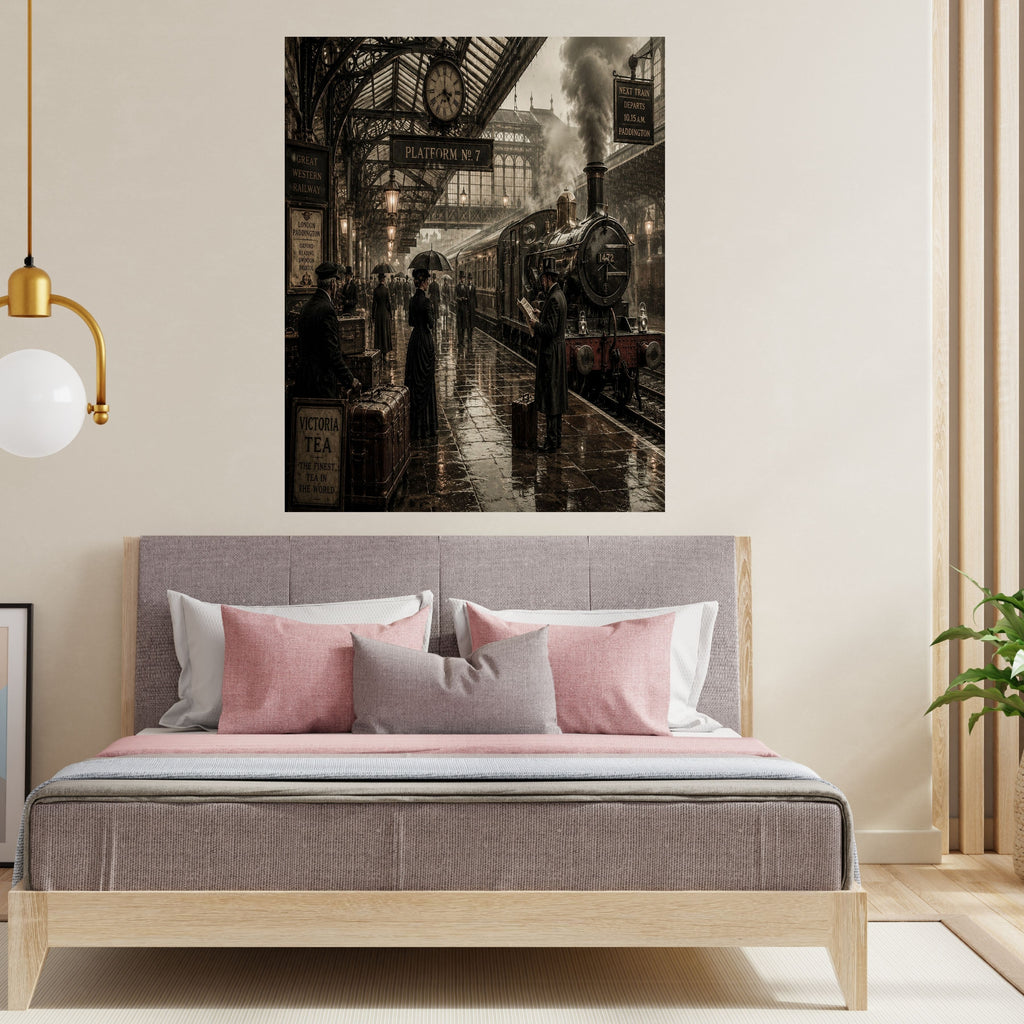 Victorian Steam Train Station Wall Art for Commercial Use, Rainy Railway Scene for Etsy and POD