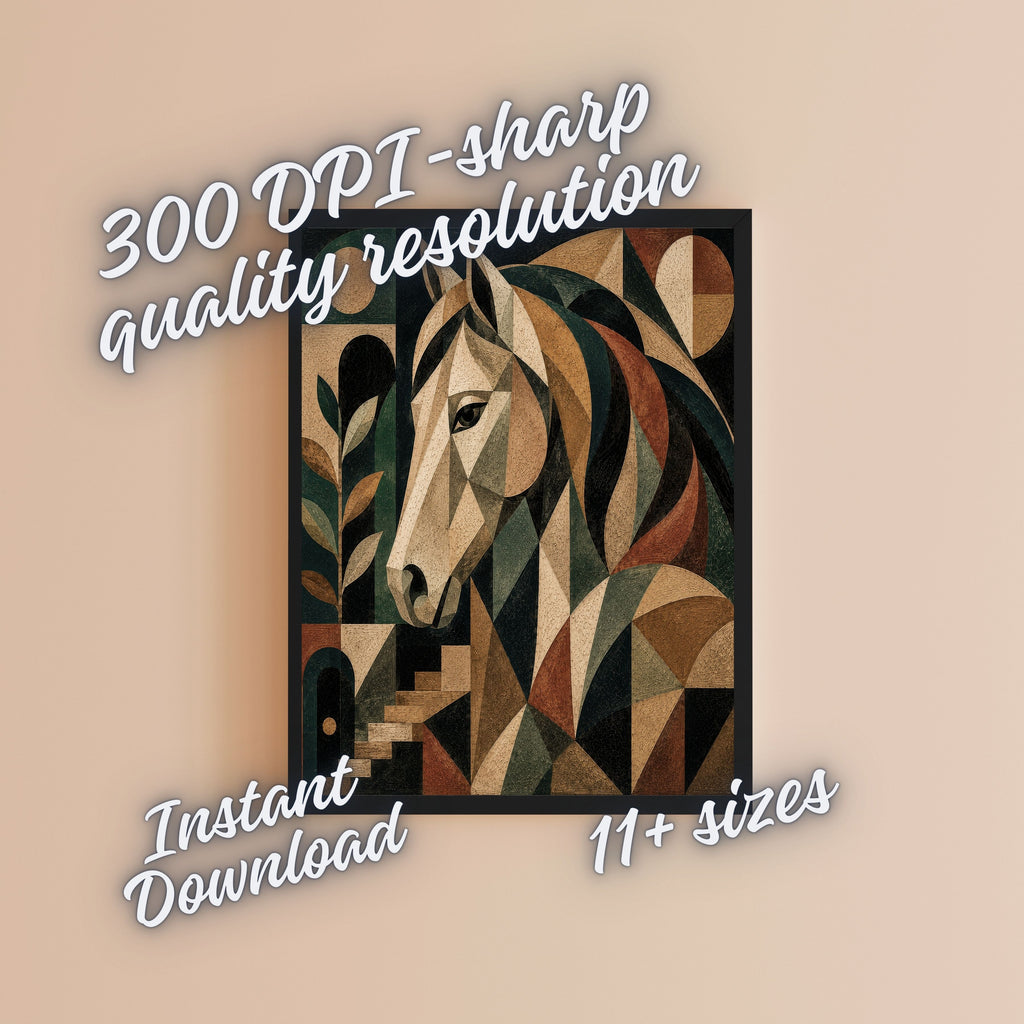 Art Deco Geometric Horse Wall Art Printable, Ivory Green Mosaic Equestrian Portrait Poster, Luxury Horse Lover Home Decor Print, Digital Download, 300 DPI