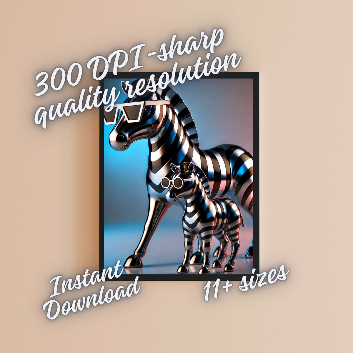 Chrome Metallic Zebra Mother and Foal Wall Art Printable, Futuristic 3D Zebra Sculpture Sunglasses Neon Studio Glow Kids Nursery Poster, Modern Luxury Safari Animal Home Decor Print, Digital Download, 300 DPI