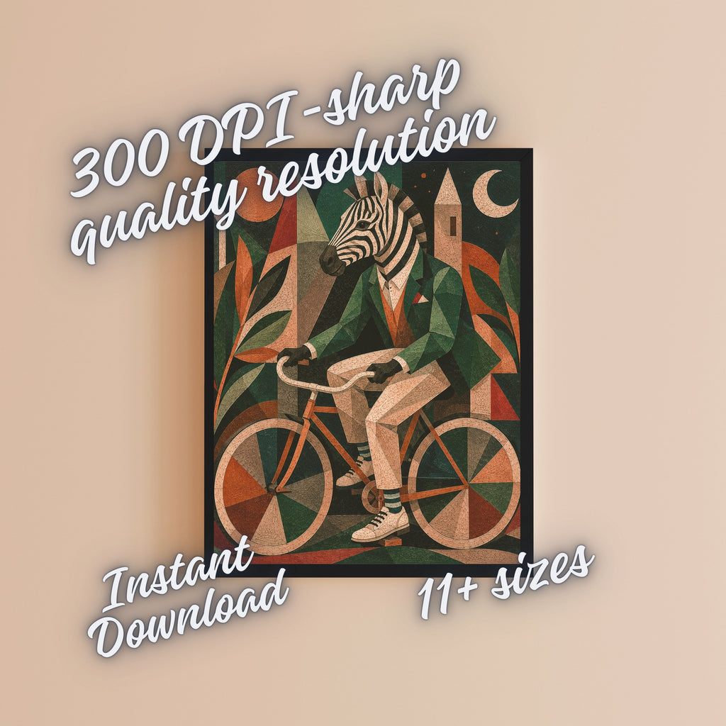 Art Deco Zebra Cyclist Wall Art Printable, Whimsical Anthropomorphic Zebra in Green Suit on Bicycle Poster, Quirky Animal Home Decor Print, Digital Download, 300 DPI