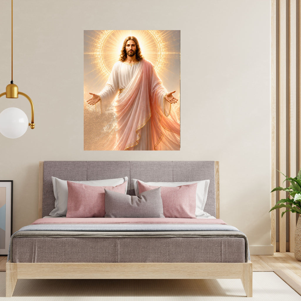 Jesus Light of the World Wall Art Printable | Smiling Direct Gaze Sunburst Cross Halo Print | Peach Mantle Gold Trim Divine Mercy Sacred Heart Decor