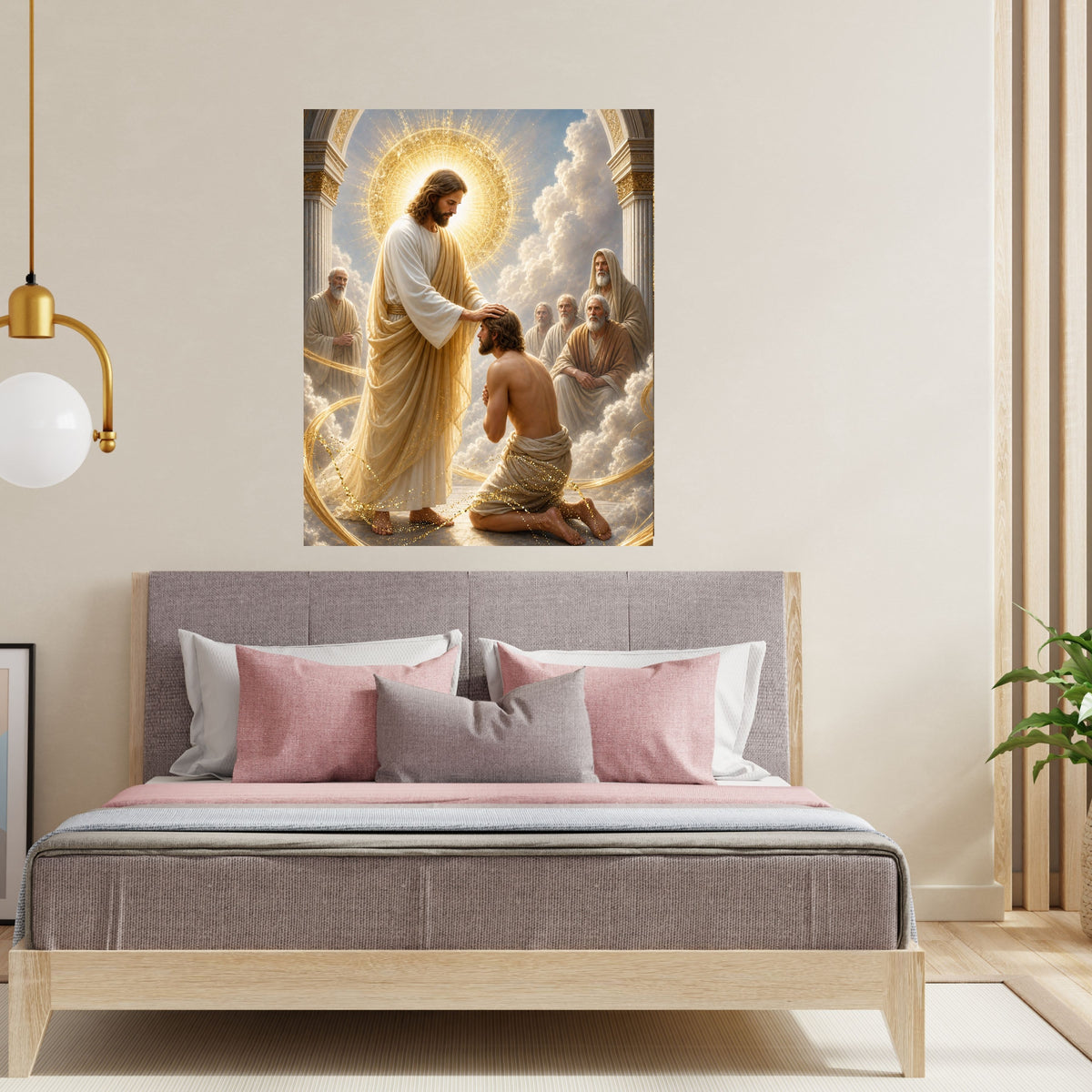 Jesus Blessing Kneeling Man Wall Art Printable | Laying on of Hands Divine Ordination Healing Touch Gold Arch Throne Room Print | Christian Faith Spiritual Gift Decor