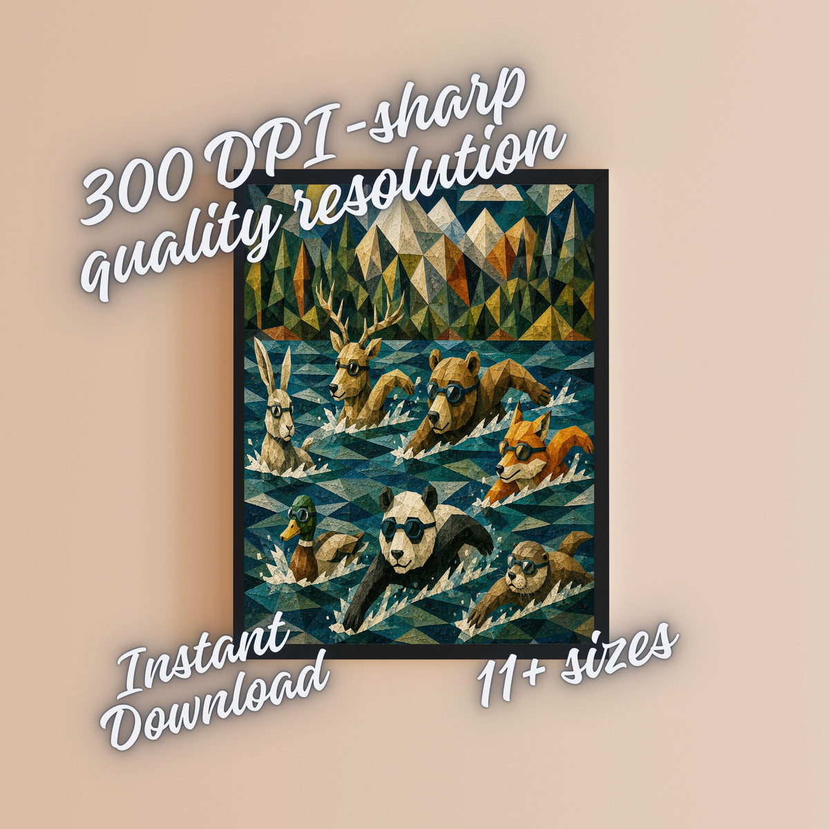 Woodland Animal Swimming Race Wall Art Bundle, Commercial Use Geometric Low-Poly Panda Bear Stag Fox Rabbit Duck Otter Goggle Swim Nursery Poster, Athletic Adventure POD Print, Digital Download, 300 DPI