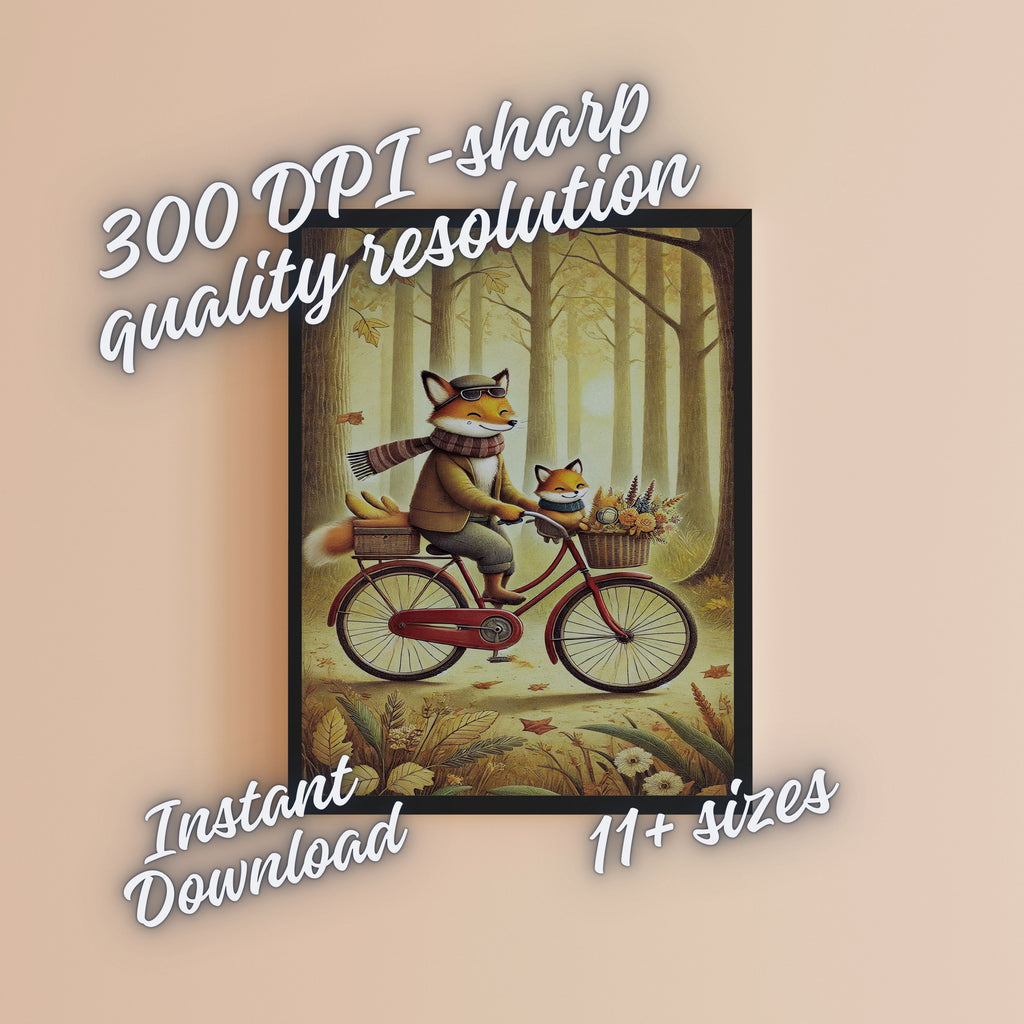 Fox Father and Kit Autumn Forest Bicycle Ride Wall Art Bundle, Commercial Use Dapper Fox Flat Cap Scarf Vintage Red Bike Golden Woodland Nursery Poster, Cosy Storybook Animal Cycling POD Print, Digital Download, 300 DPI