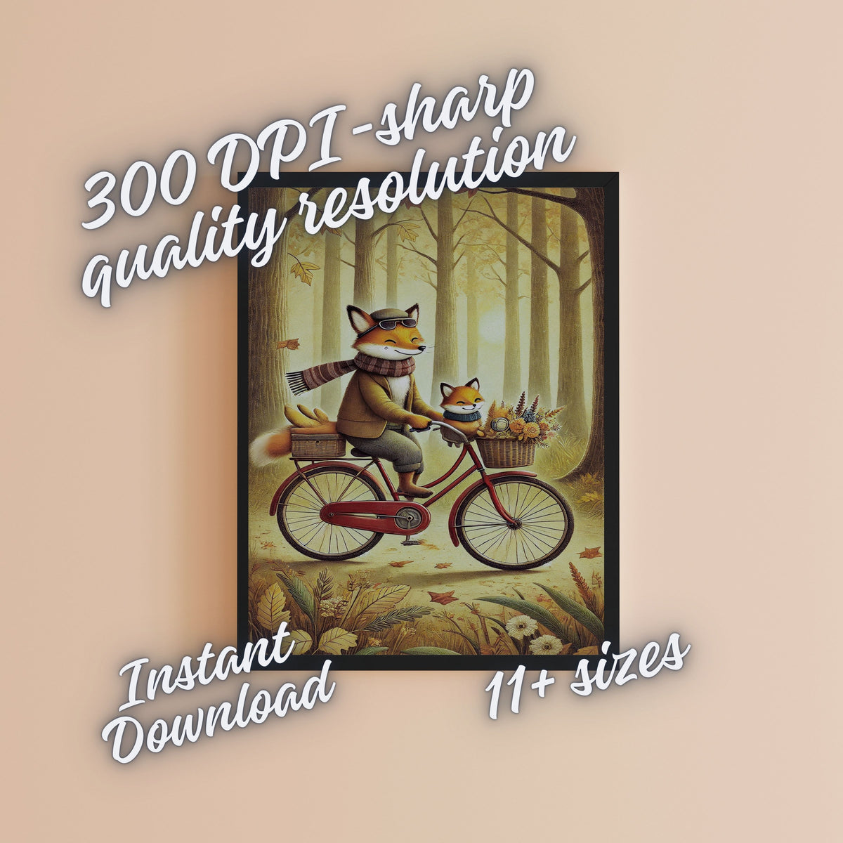 Fox Father and Kit Autumn Forest Bicycle Ride Wall Art Bundle, Commercial Use Dapper Fox Flat Cap Scarf Vintage Red Bike Golden Woodland Nursery Poster, Cosy Storybook Animal Cycling POD Print, Digital Download, 300 DPI