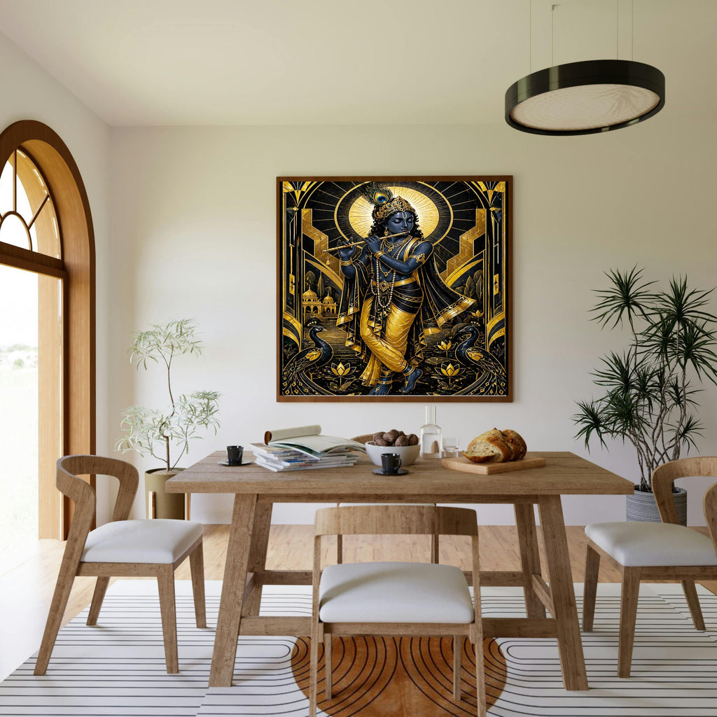 Art Deco Krishna Wall Art Printable | Black Gold Luxury Art Deco Bansuri Flute Peacock Lotus Halo Temple Frame | Hindu Spiritual Decor Poster Gift