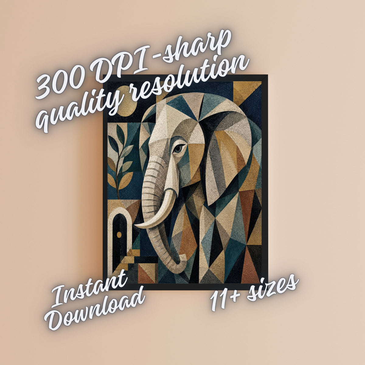 Art Deco Geometric Elephant Wall Art Printable, Ivory Teal Mosaic Elephant Portrait Poster, Luxury African Safari Home Decor Print, Digital Download, 300 DPI