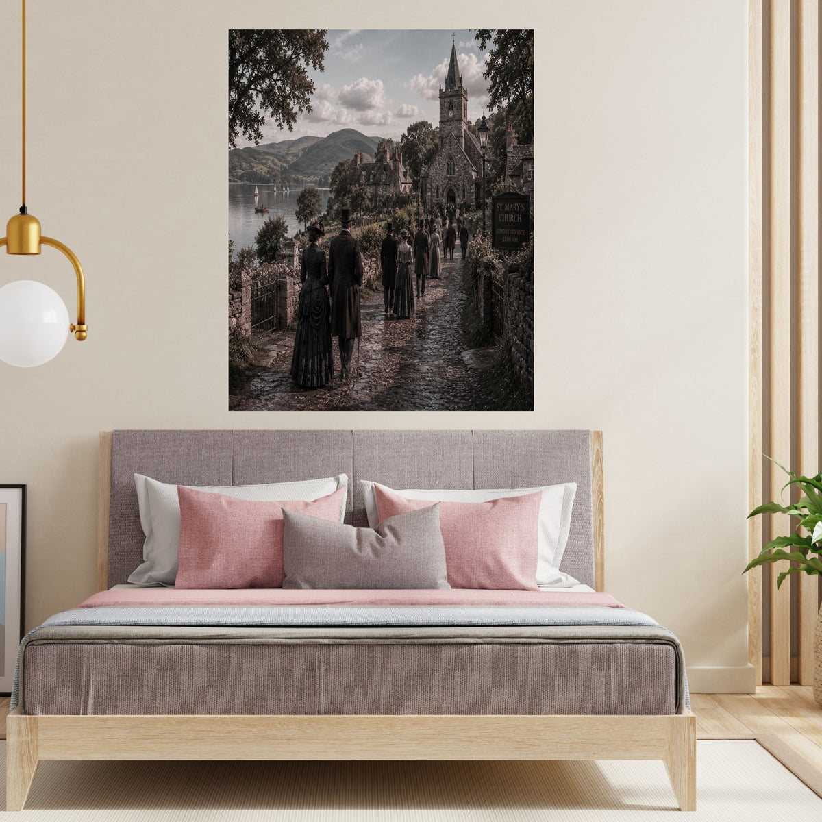 Victorian Lakeside Village Wall Art Printable, Historic Church and Mountain Scene, 11+ Sizes