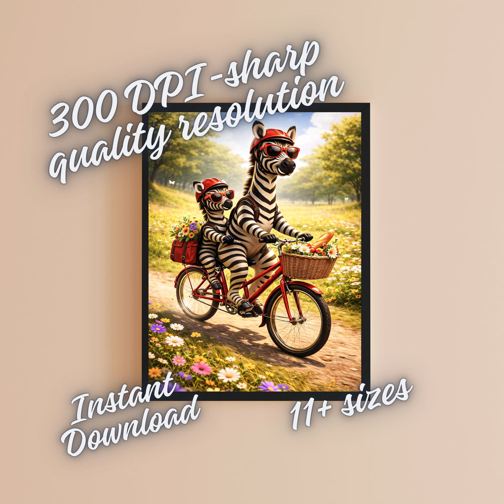 Zebra Mother and Foal Bicycle Adventure Wall Art Bundle, Commercial Use Cute Zebra Red Helmet Sunglasses Wildflower Meadow Bike Ride Safari Nursery Poster, Animal Cycling POD Print, Digital Download, 300 DPI
